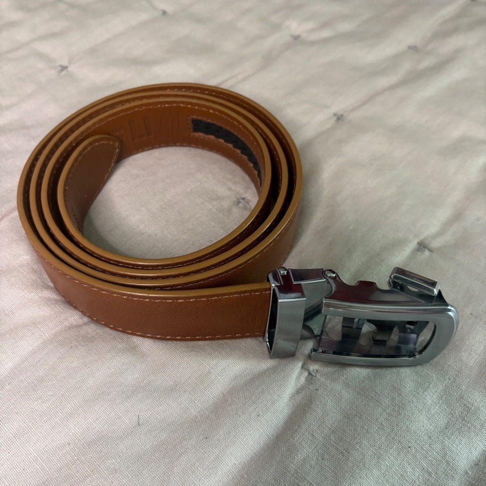 Anson Belt & Buckle Men's Brown Leather Ratchet Belt Silver Buckle Adjustable